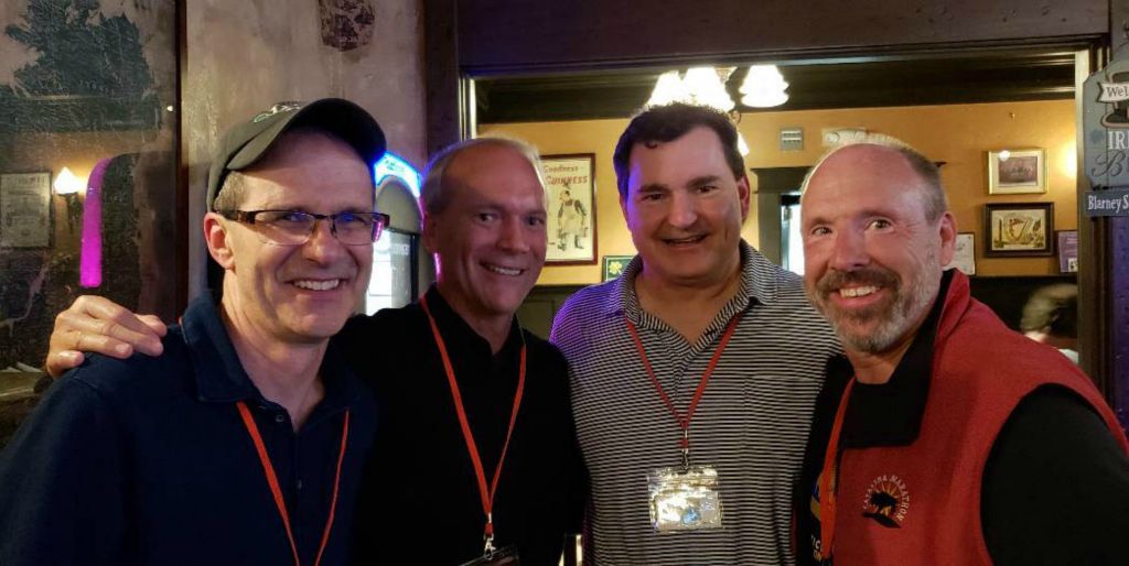 Back on campus for a soccer reunion: Ted Heinrich ’84, Brett Wood ’85, Mark Vanacore ’84, and Doug MacGlashan ’85